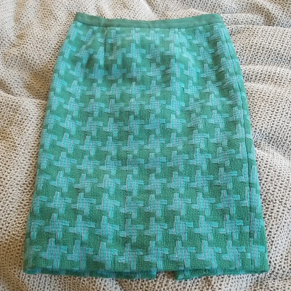 Boden Kelly and Turquoise Basketweave Wool Pencil Skirt sz 2